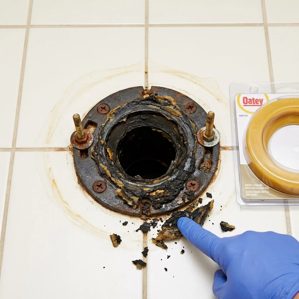 Failed wax ring showing water seepage at the base of a toilet in a Cleveland, AL home