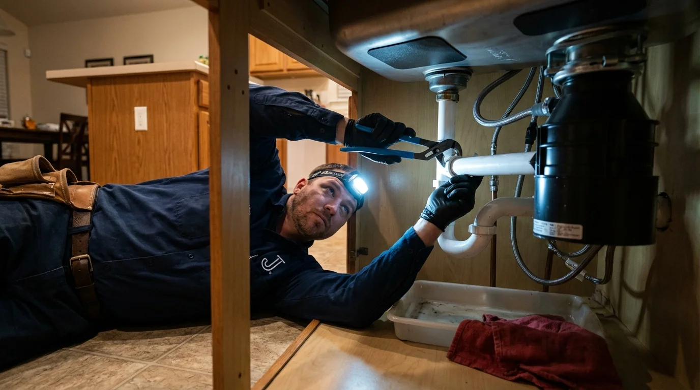 P-trap and supply line connections under a kitchen sink showing a common leak point in Cleveland, AL